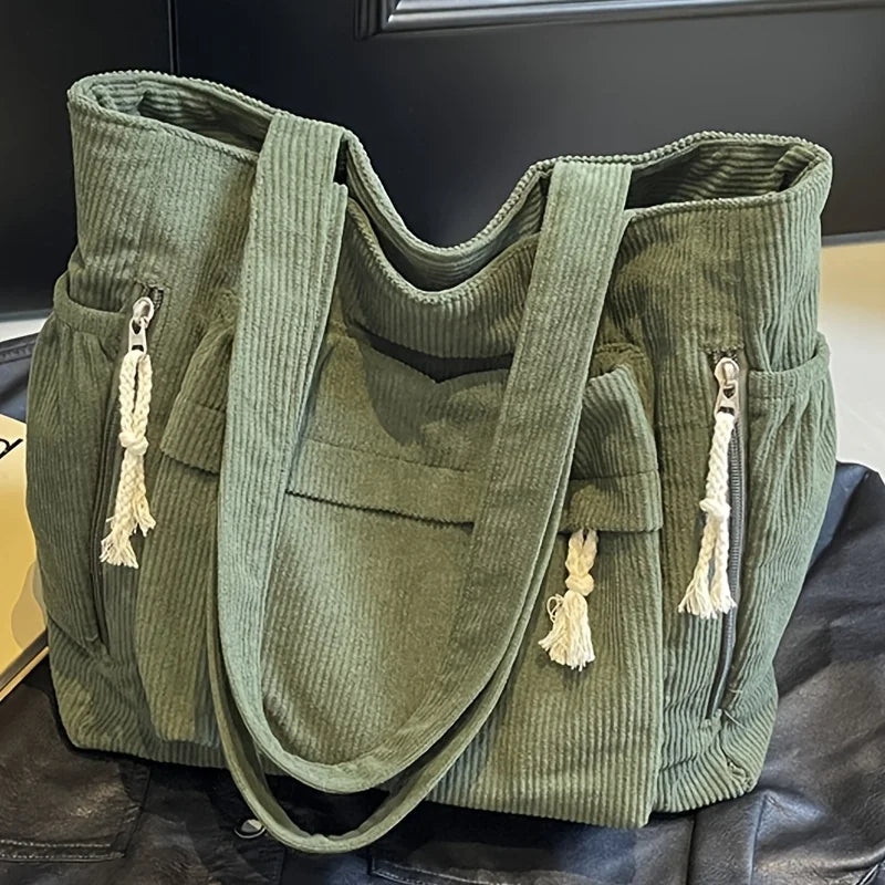 Corduroy Tote Bag with Multi Pockets & Tassel Zippers