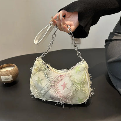 Checkered Denim Shoulder Bag – Y2K Chain Strap Hobo