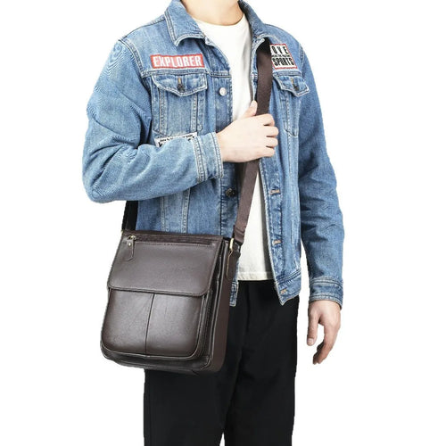 Head Layer Cowhine Retro Cover Type Diagonal Cross Bag Commuting Large Capacity Real Leather Men S