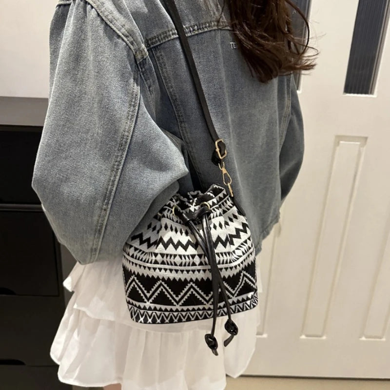 Floral Drawstring Bucket Bag for Women – Boho Crossbody Purse