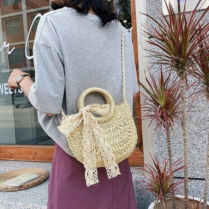 Straw Crossbody Bag with Lace Bow – Women's Summer Beach Purse
