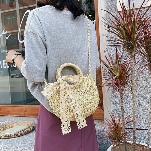 Straw Crossbody Bag with Lace Bow – Women's Summer Beach Purse