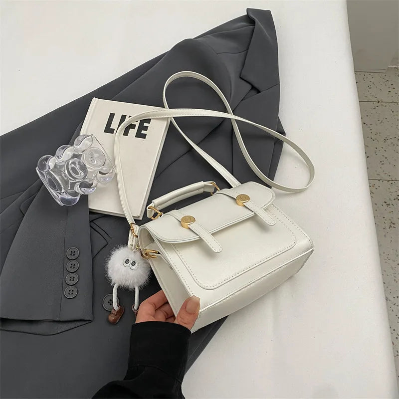 Vintage Crossbody Bag – Faux Leather Shoulder Bag with Plush Charm & Gold Button Detail