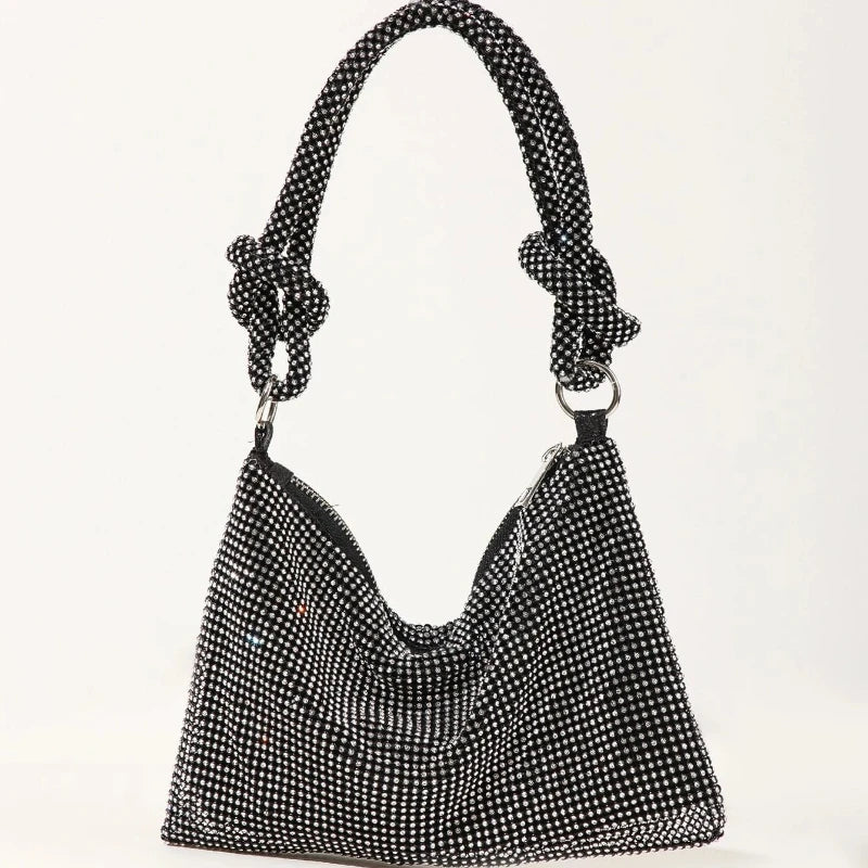 Rhinestone Embellished Shoulder Bags Sparkly Crystal Evening Purse Knotted Handle Parties Occasions