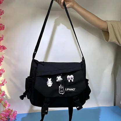 Water-Resistant Messenger Bag with Cute Pins – Kawaii Crossbody Bag