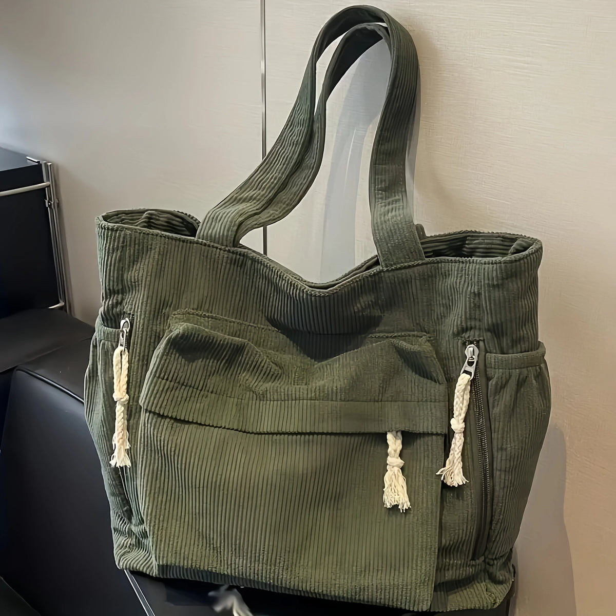 Corduroy Travel Tote Bag with Multiple Pockets - Shoulder Handbag