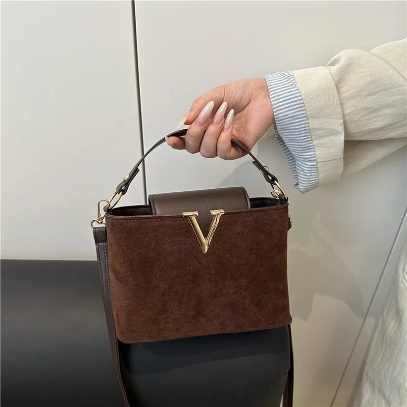 Mini Suede Crossbody Bag with Gold V-Buckle