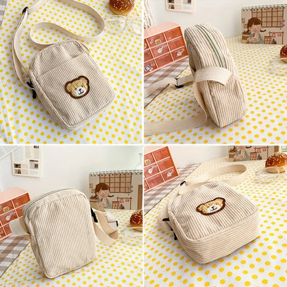 Girls Portable Corduroy Bear Phone Crossbody Bag Mobile Phone Coin Purse Fashionable Cross Small Bag