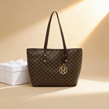 Tote Bag M Letter Print Pu Gold Pendant Decoration Zipper Large Capacity Water Resistant Shoulder