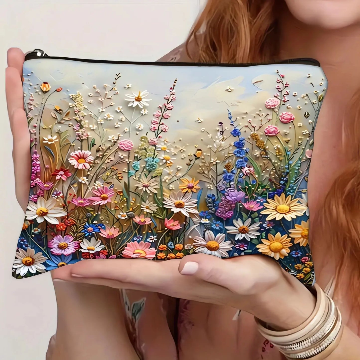 Colorful Flowers Pattern Makeup Bag 3d Floral Coin Purse Double Sided Print Clutch Women Travel Bag