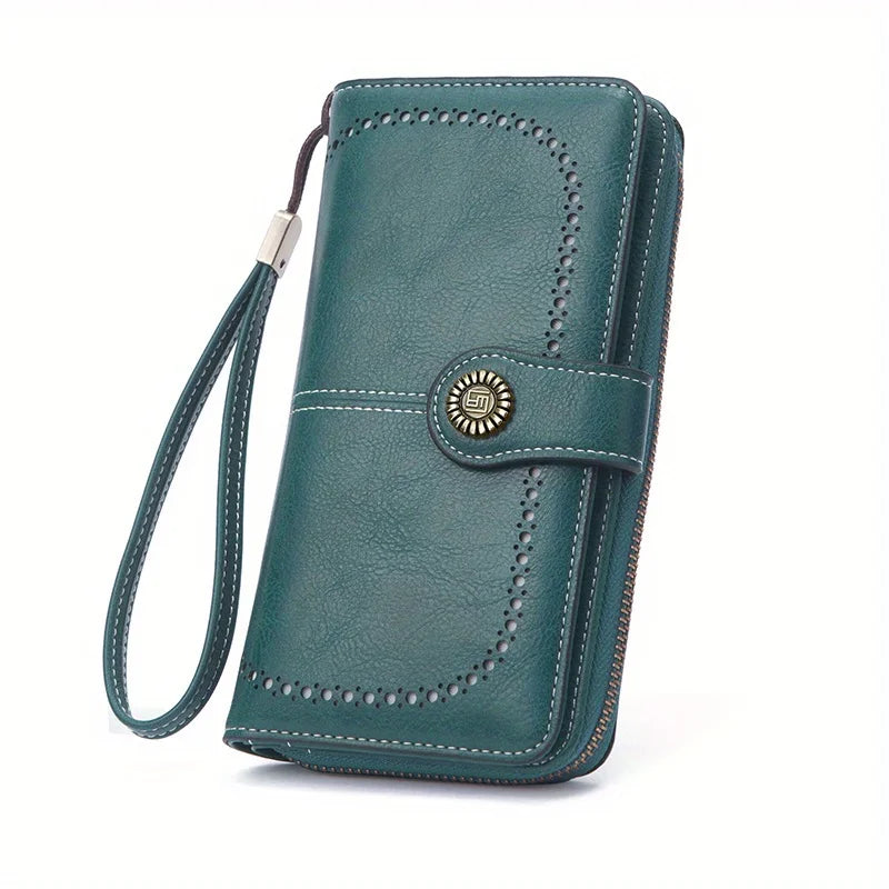 RFID Blocking Vintage Leather Wallet – Large Wristlet Clutch for Women