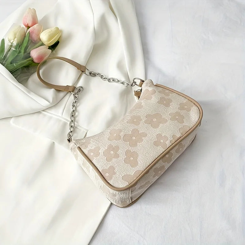 Floral Jacquard Underarm Bag – Silver Chain Shoulder Purse