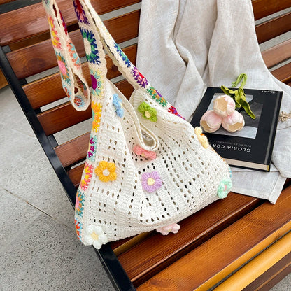 Trendy Bohemian Crochet Bag Cute Floral Shoulder Lightweight Soft Fabric Woman Tote Summer Outdoors