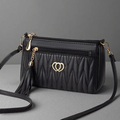 Quilted Crossbody Bag Double Heart Tassel Pendant Multi Zipper Pockets Shoulder Purse Adjustable