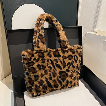Leopard Print Plush Handbag Soft Fluffy Tote Bag Stylish Shoulder Bags Women Daily Use Friends