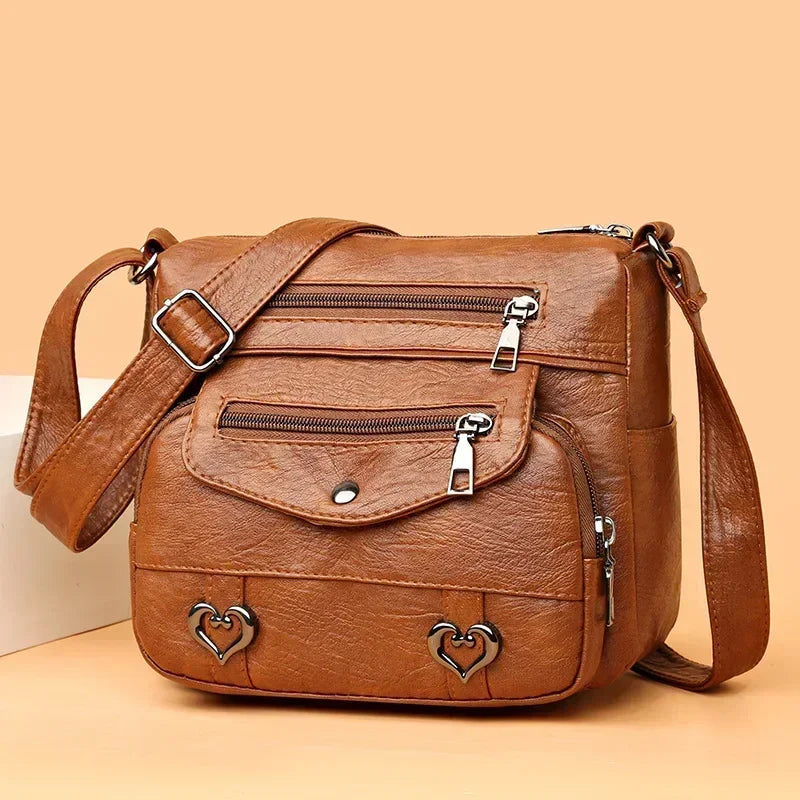 Multi-Pocket Leather Crossbody Bag for Women