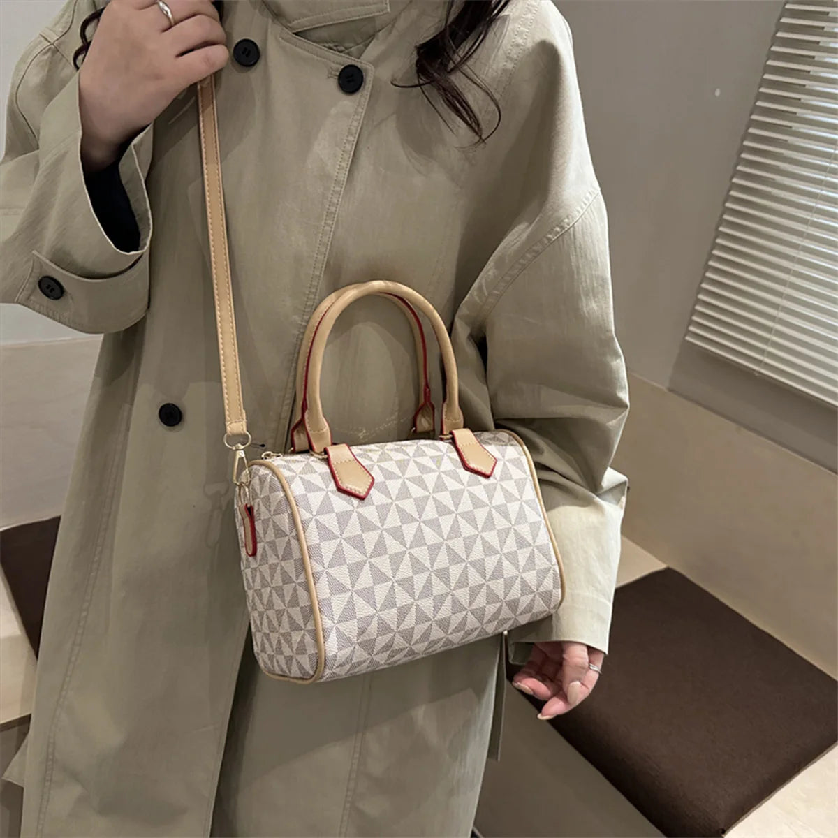 Business Crossbody Bag Windmill Print Pu Color Block Trim Large Capacity Zipper Adjustable Strap
