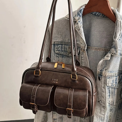 Women's Multi-Pocket Shoulder Bag with Gold-Tone Hardware