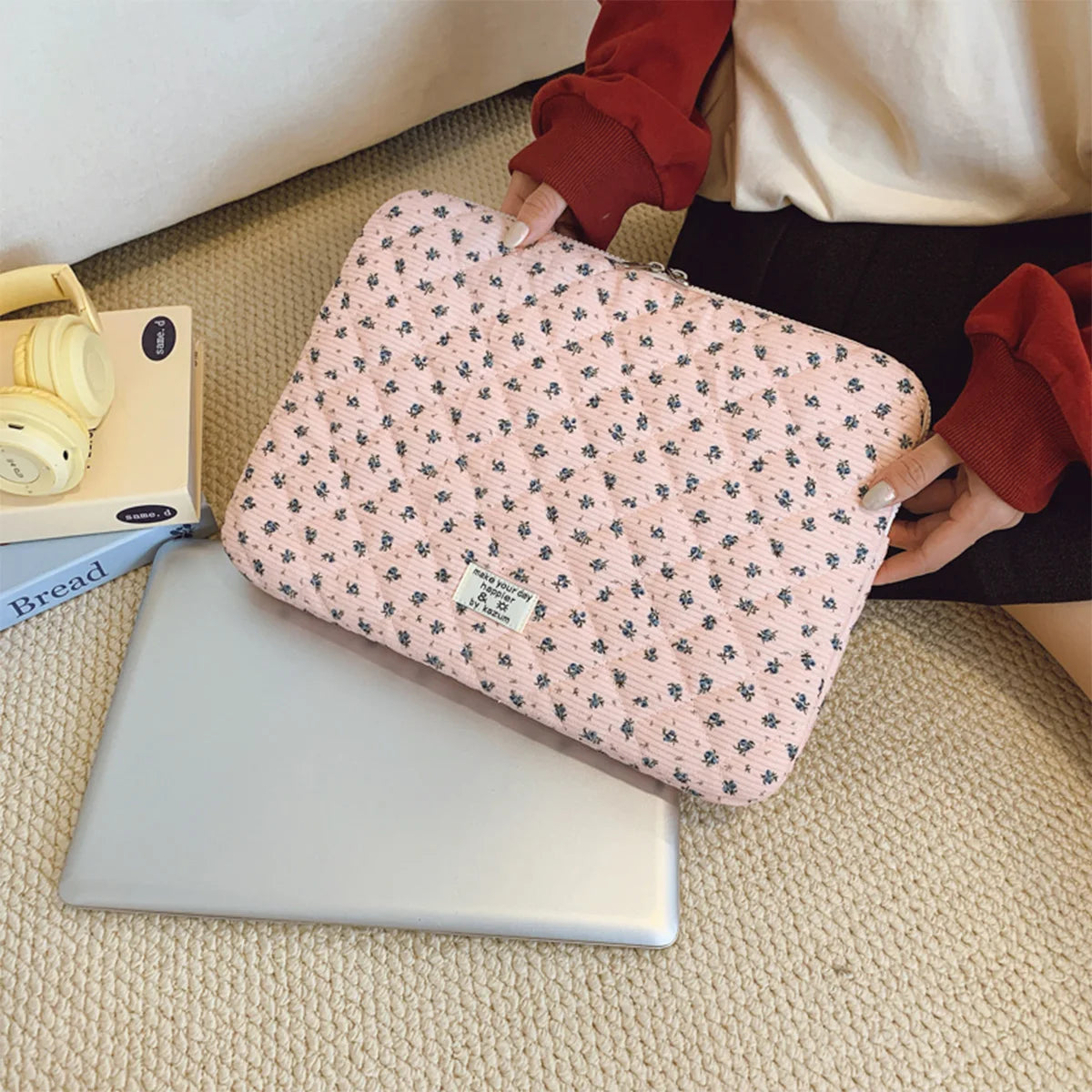 Casual Floral Pattern Quilted Argyle Laptop Bag Oxford Briefcase Soft Shockproof Multi-Size Zipper