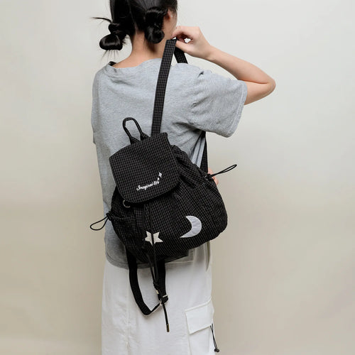 Plaid Polyester Double-Shoulder Bag Plaid Lightweight Drawstring Small Backpack
