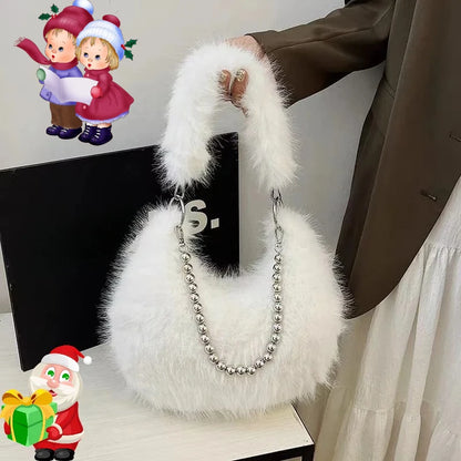 Faux Fur Tote Bag with Pearl Chain Strap – Chic Underarm Shoulder Handbag
