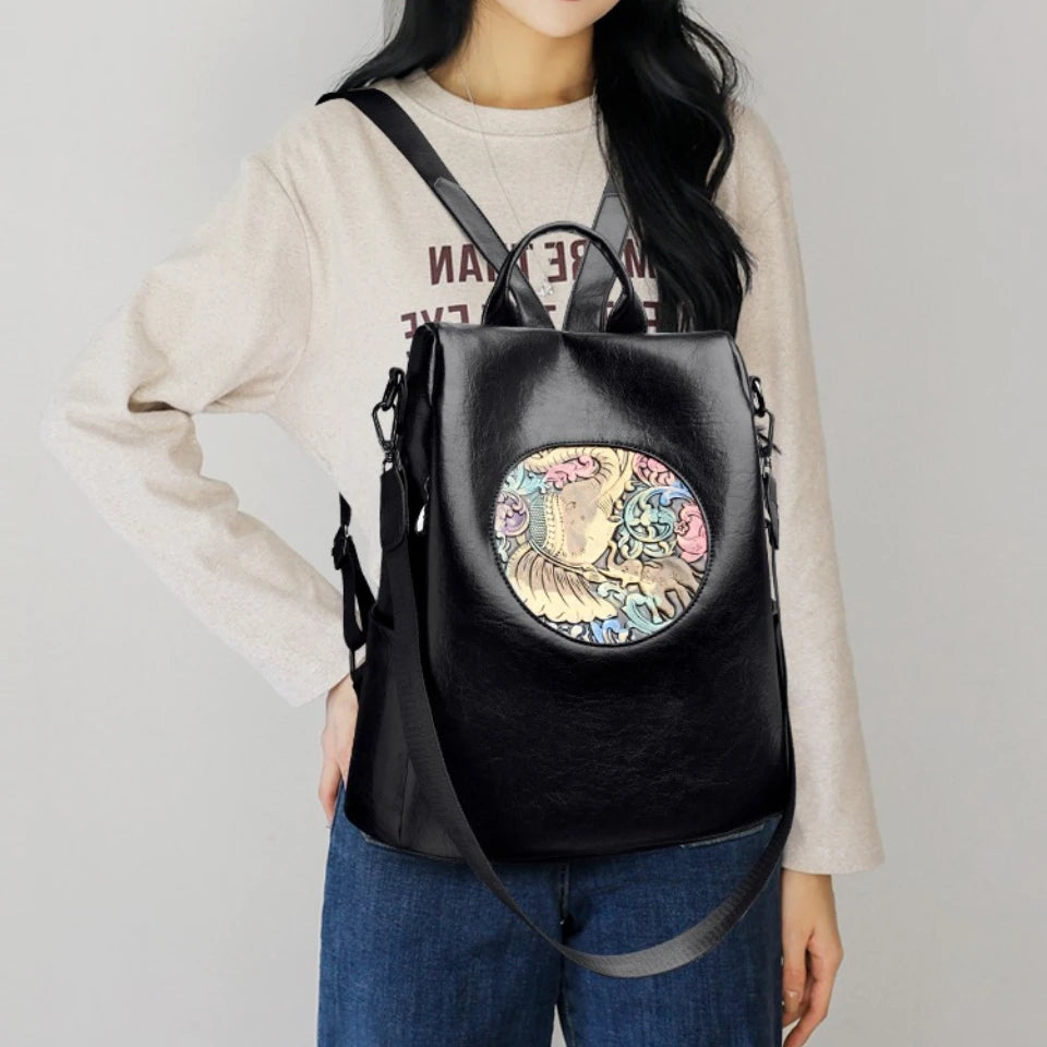 Anti-Theft Backpack with Deer & Elephant Print – 3-in-1 Waxed Leather Shoulder Bag