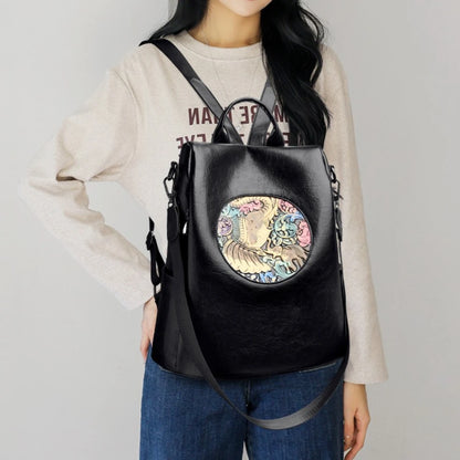 Anti-Theft Backpack with Deer & Elephant Print – 3-in-1 Waxed Leather Shoulder Bag