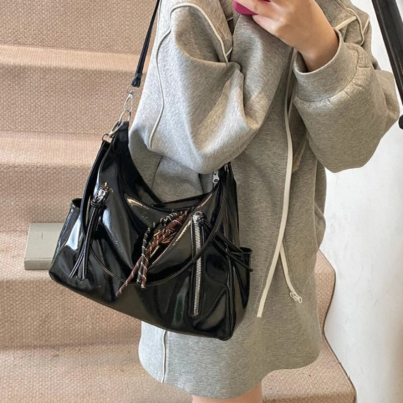 PU Leather Shoulder Bag with Side Pockets & Removable Charm