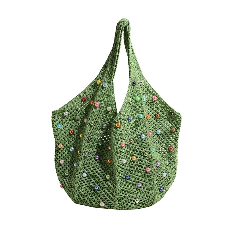 Summer Commuting Woven Bag Women Single Armpit Large Capacity Tote Bag Beach Pearl Hollow Handbag