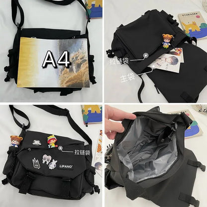 Large Nylon Crossbody Messenger Bag with Cute Pins – Harajuku Style