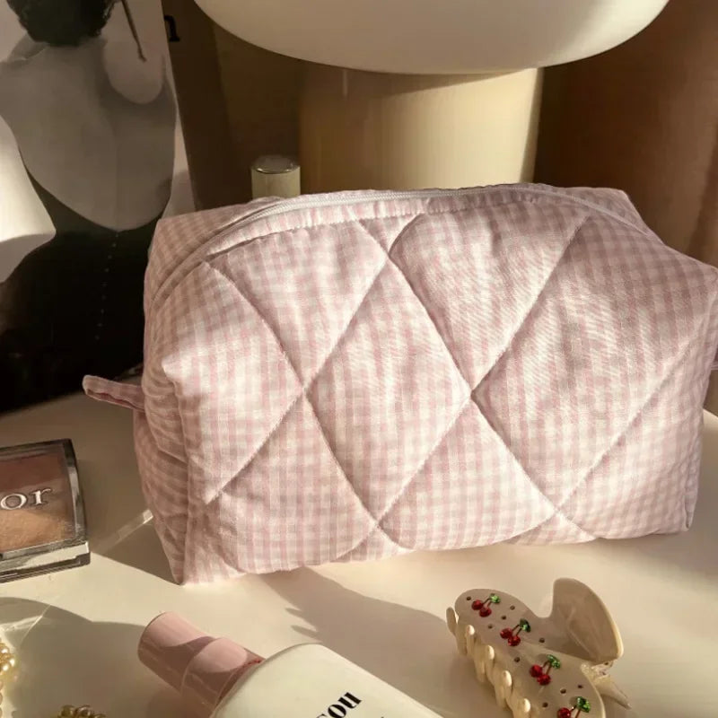 Checkered Floral Makeup Bag Large Capacity Portable Cosmetic Storage Cotton Quilted Wash Skincare