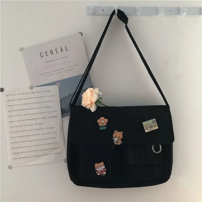 Cute Canvas Crossbody Bag for Women with Cartoon Badge Pins