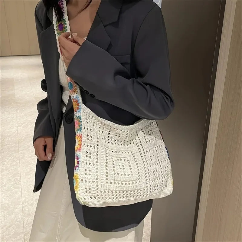 Crochet Tote Bag for Women – Floral Knit Beach Shoulder Bag