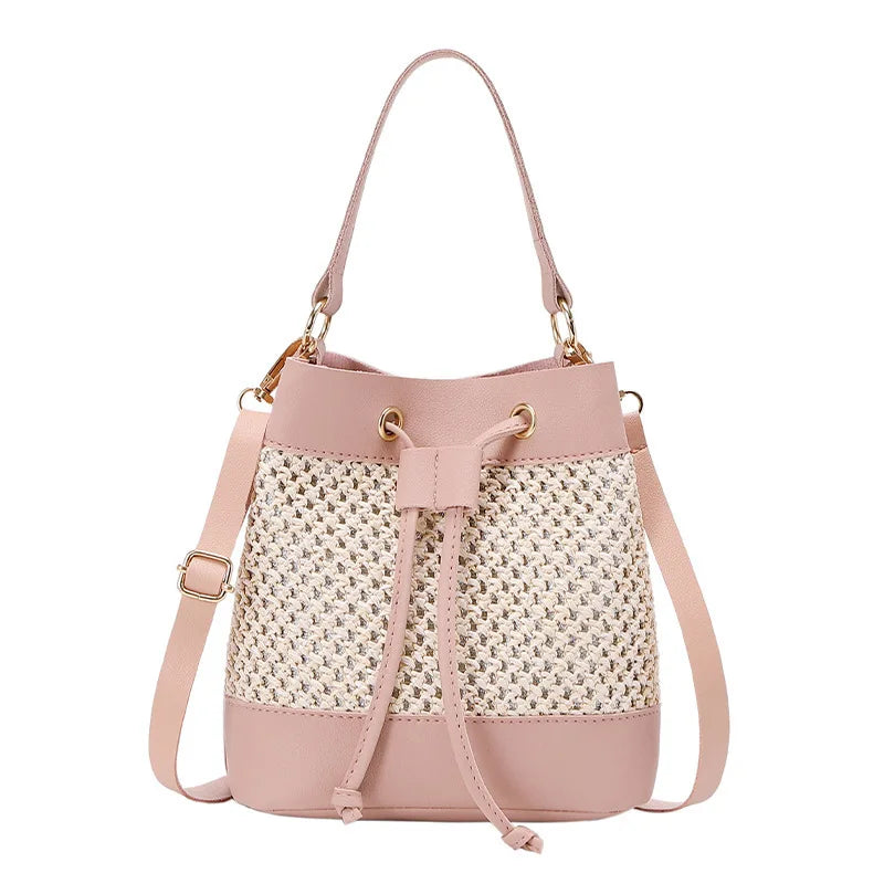 Faux Leather Straw Crossbody Bags Drawstring Closure