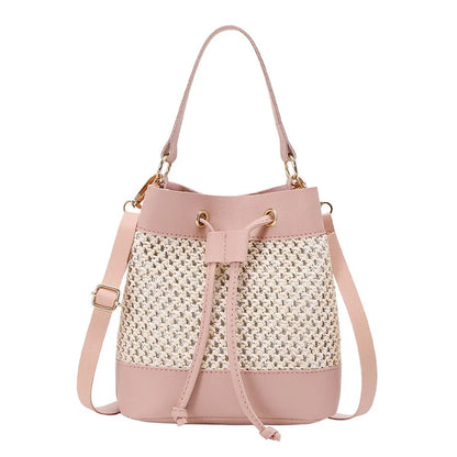 Faux Leather Straw Crossbody Bags Drawstring Closure