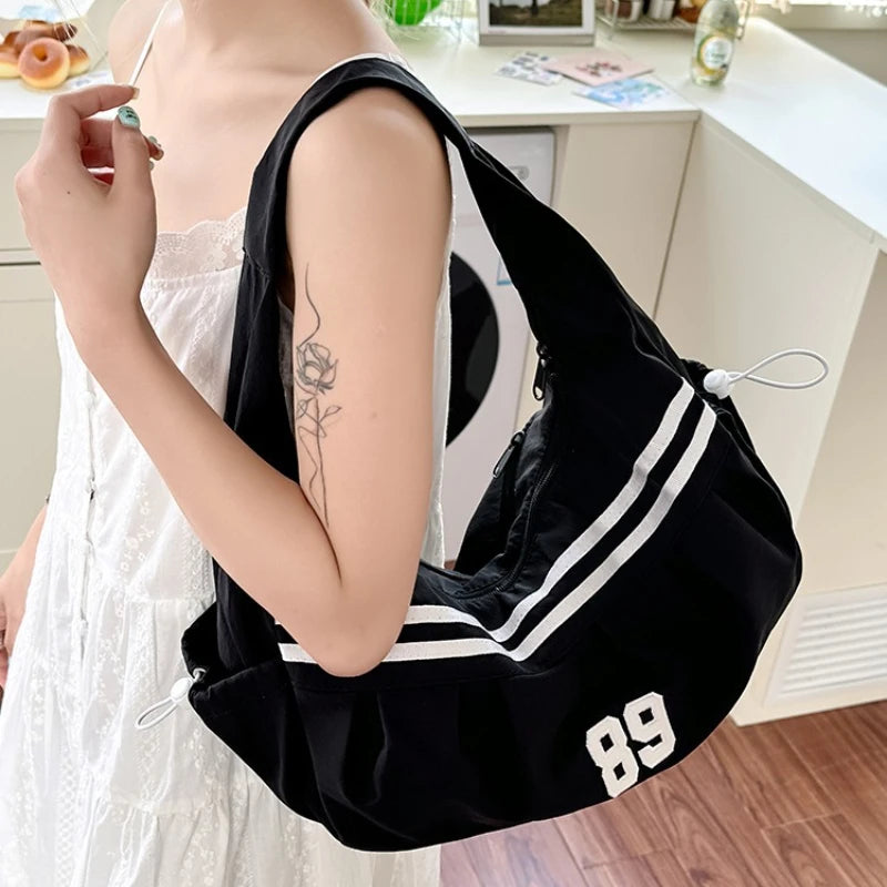 Sporty Nylon Shoulder Bag – Retro Stripe Number 89 Hobo Tote for Women