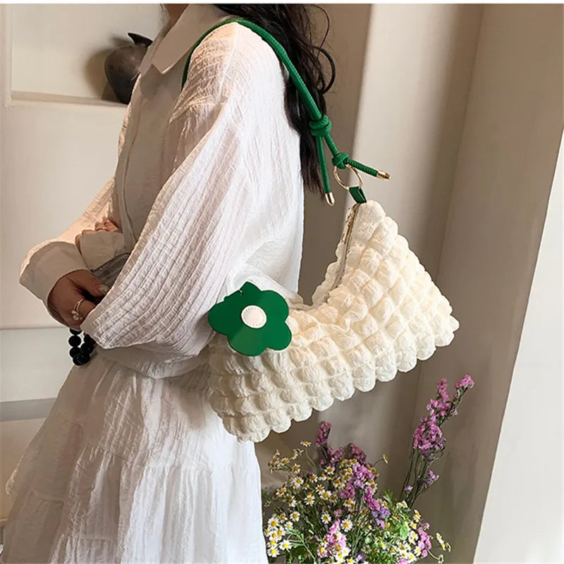 Bubble Quilted Shoulder Bag with Knotted Strap & Flower Charm