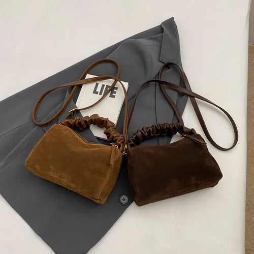 Faux Suede Crossbody Bag – Women's Vintage Ruched Handle Handbag