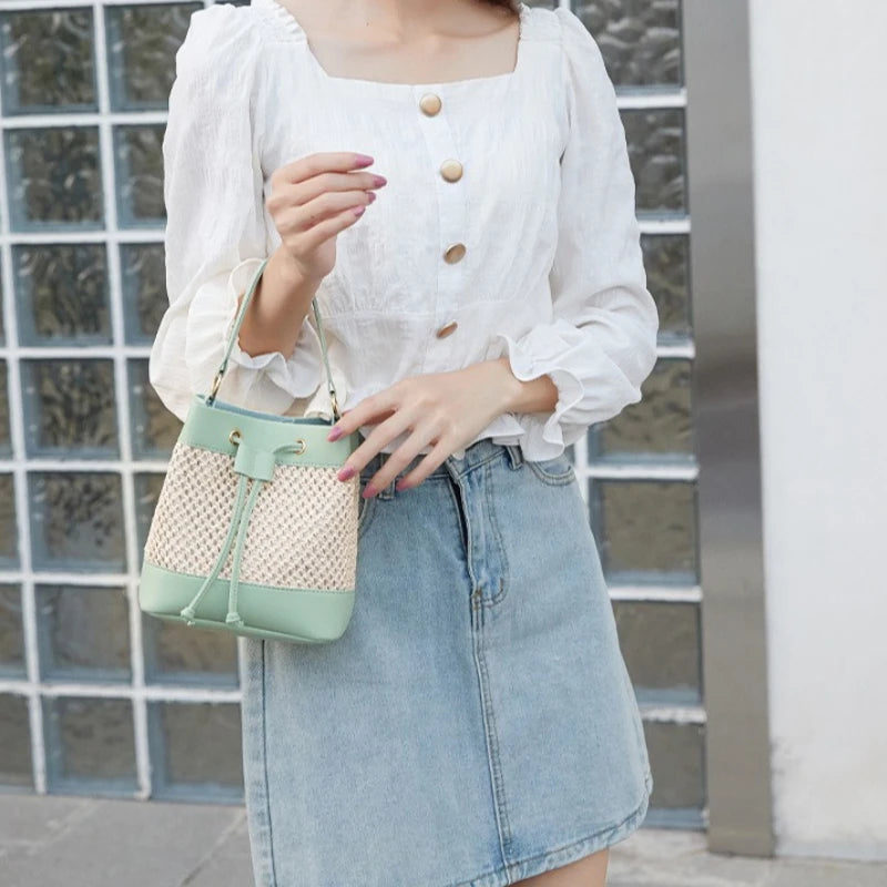 Faux Leather Straw Crossbody Bags Drawstring Closure