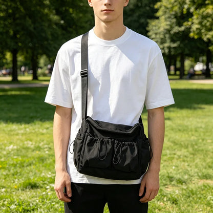 Black Nylon Crossbody Bag – Multi-Pocket Drawstring