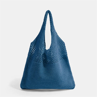 Hollow Out Knitted Handbag Shoulder Bag Solid Color Wool Knitting Bag Commuter Large Capacity