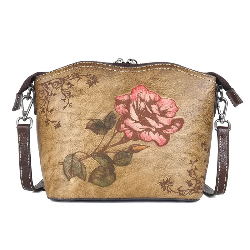Top-Grain Cowhide Single-Shoulder Crossbody Women S Bag Chinese-Style Rose Women S Single-Shoulder