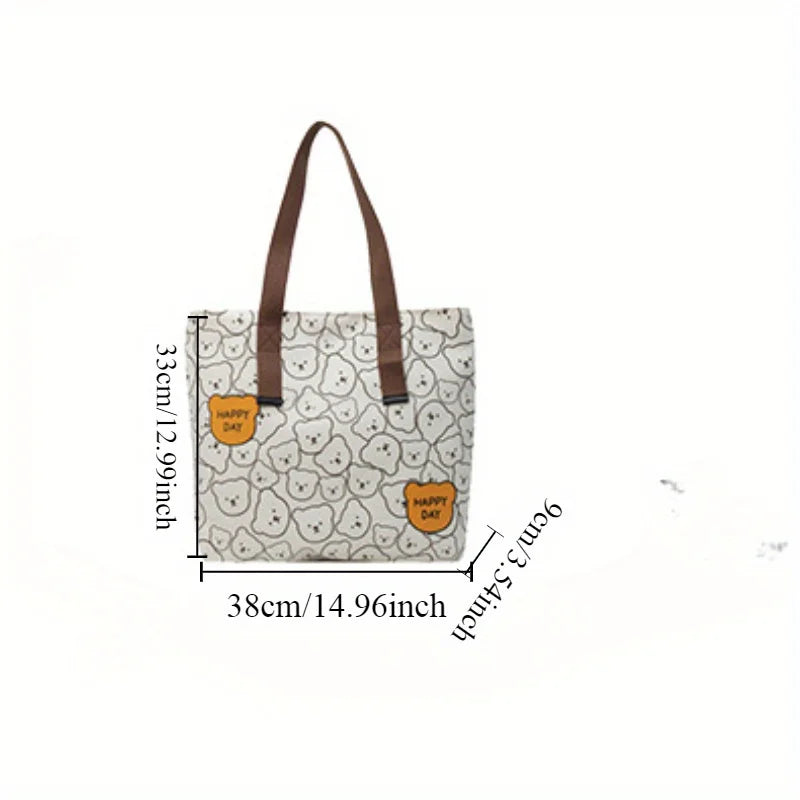 Bear Print Canvas Tote Bag – Cute Cartoon Shoulder Bag for Women
