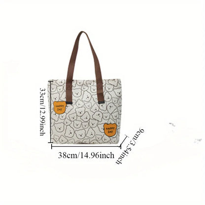 Bear Print Canvas Tote Bag – Cute Cartoon Shoulder Bag for Women