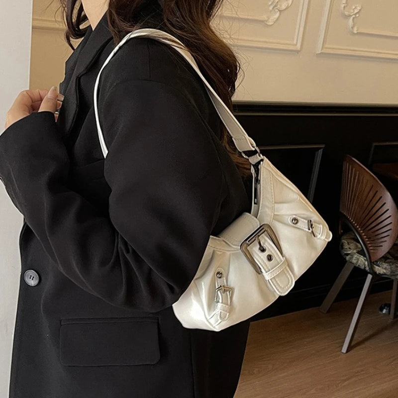 Simple Leather Shoulder Bag Big Metal Buckle Decor Side Strap Details Underarm Adjustable Wide Y2k