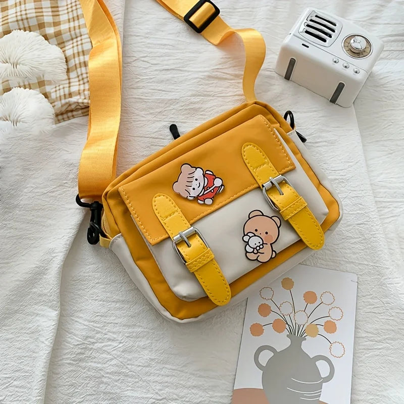 Girl S Nylon Shoulder Bag Badge Harajuku Shoulder Bag Casual Square Cute Messenger Bag Women Travel