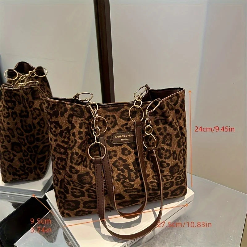 Leopard Print Shoulder Bag – Metal Chain Faux Leather Tote