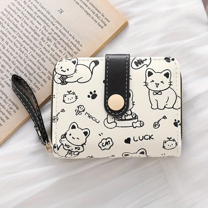 Cute Cat Print Wallet Women Tri-Fold Snap Closure Card Holder Purse