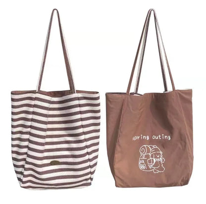 Striped Canvas Tote Bag – Double-Sided Large Shoulder Bag for Women