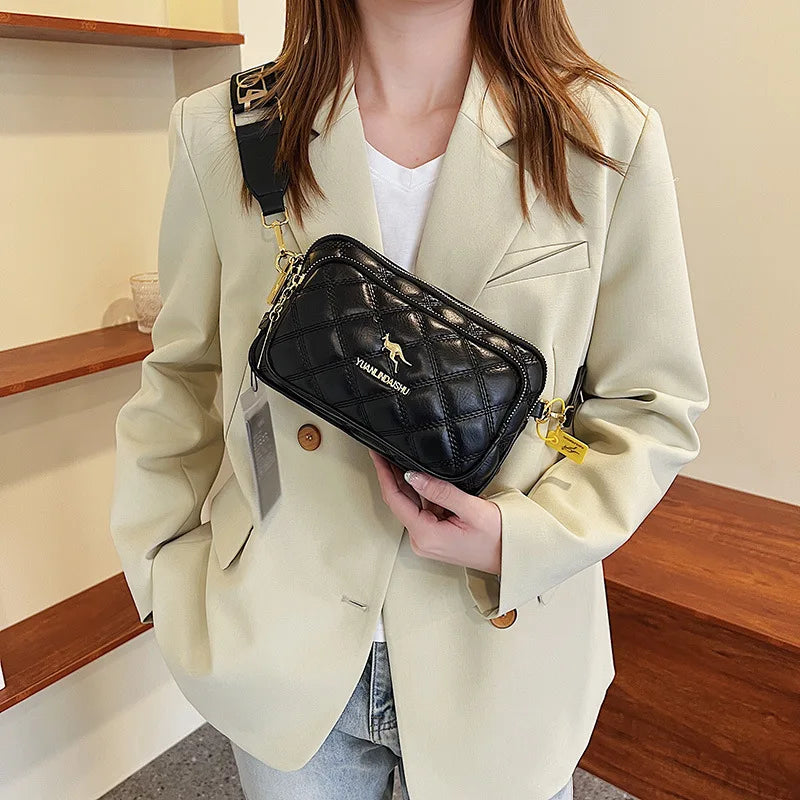 Argyle Pattern Shoulder Bag – Multi-Pocket Crossbody Leather Bag for Women